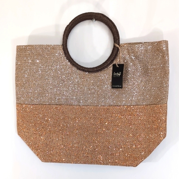 NWT Jute Lucky 7 Gold Glitter Bling Tote / Beach Bag / Travel Bag Round Handles - Picture 1 of 10